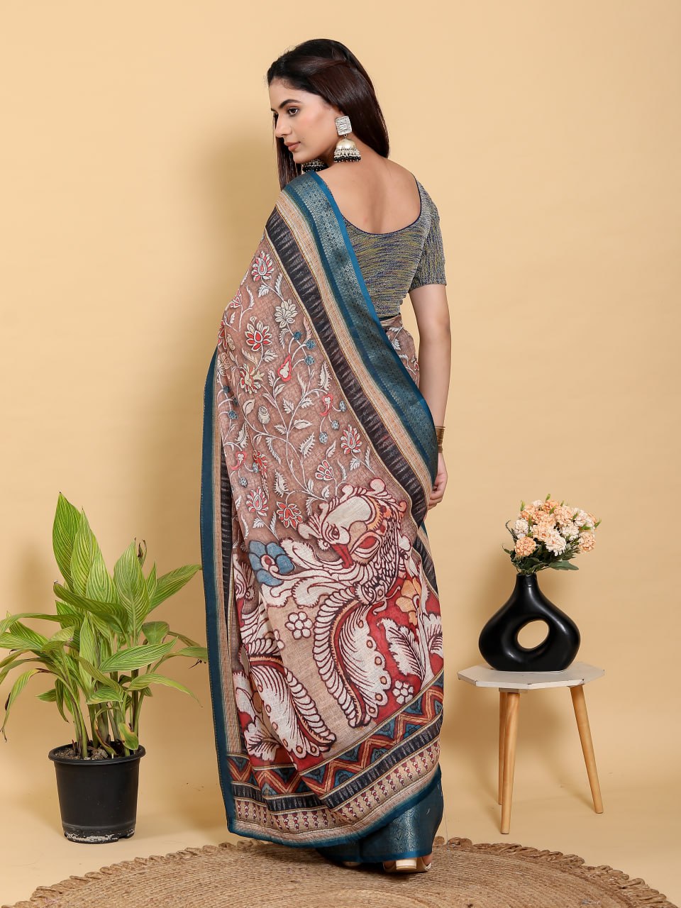 Heritage Brown & Teal Artistic Linen Cotton Saree | Kalamkari/Pichwai Style with Jacquard Border